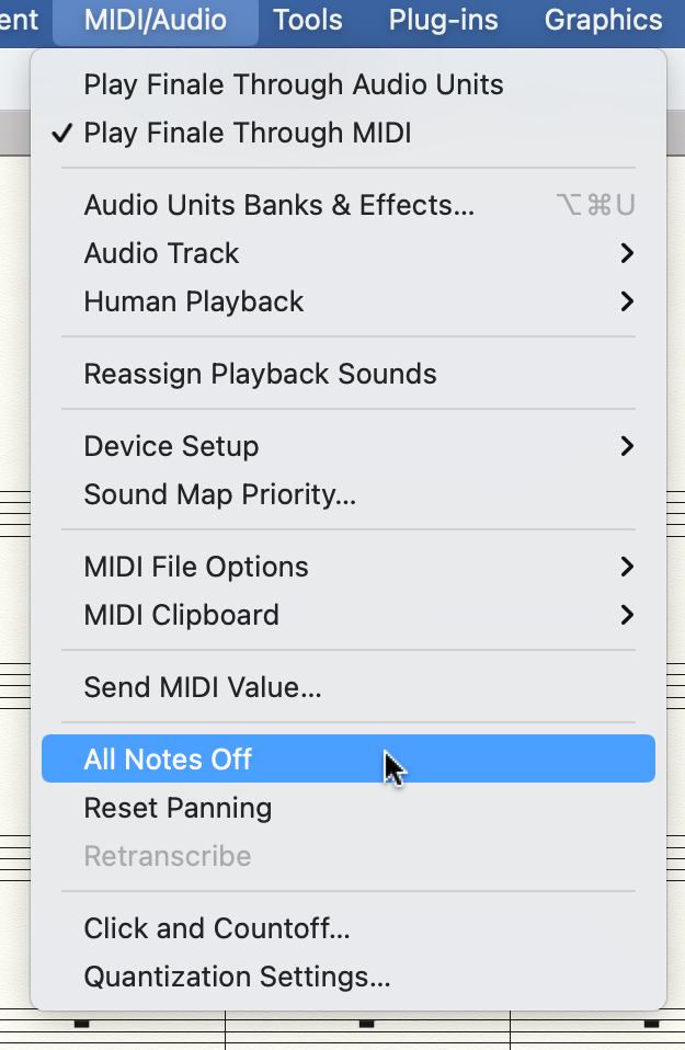 A screenshot of the MIDI/Audio menu in Finale. In the image, the mouse pointer is highlighting the twelfth of sixteen menu items, labeled `All Notes Off.`