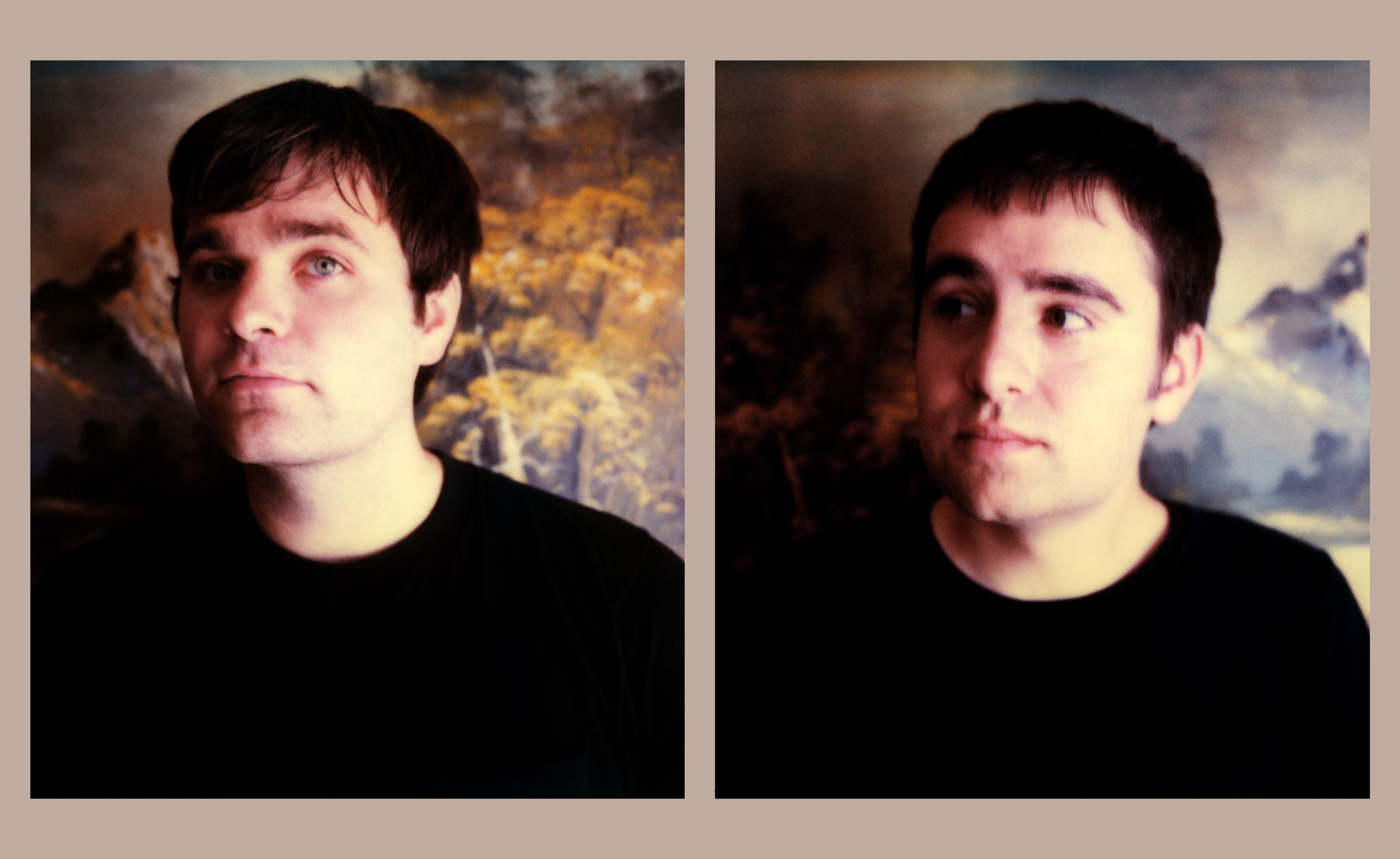 Side-by-side headshots of Ben Gibbard and Jimmy Tamborello with matte paintings of nature scenes behind them. The photographs are separated and surrounded by a solid beige matte.