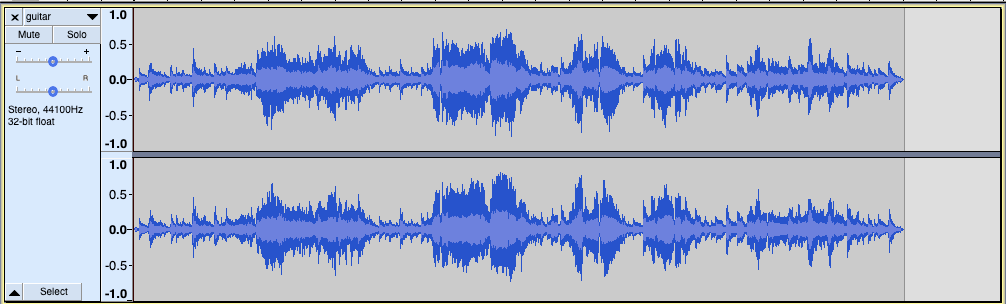 A screenshot of the tracks area of Audacity, showing two tracks as a stereo pair. A 23-second audio clip is displayed in soundwave form. On the left hand side, a shared controls area includes a close button which removes the tracks, a track name currently set to `guitar,` a Mute button, a Solo button, a slider labeled with its ends labelled minus and plus, a second slider labelled with L and R, and the description `Stereo, 44100Hz 32-bit float.`