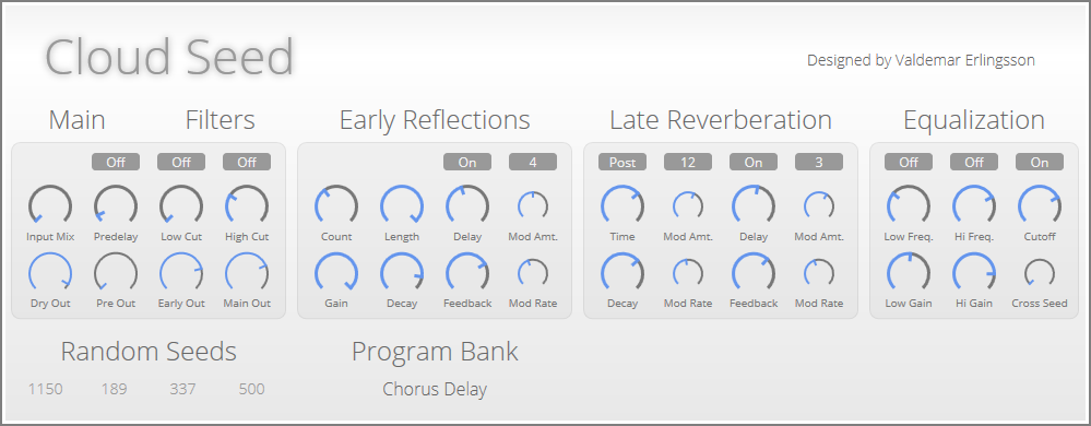 A screenshot of the interface for Cloud Seed, showing 30 stylized dial controls in two rows, grouped under the headings `Main,` `Filters,` `Early Reflections,` `Late Reverberation,` and `Equalization.`