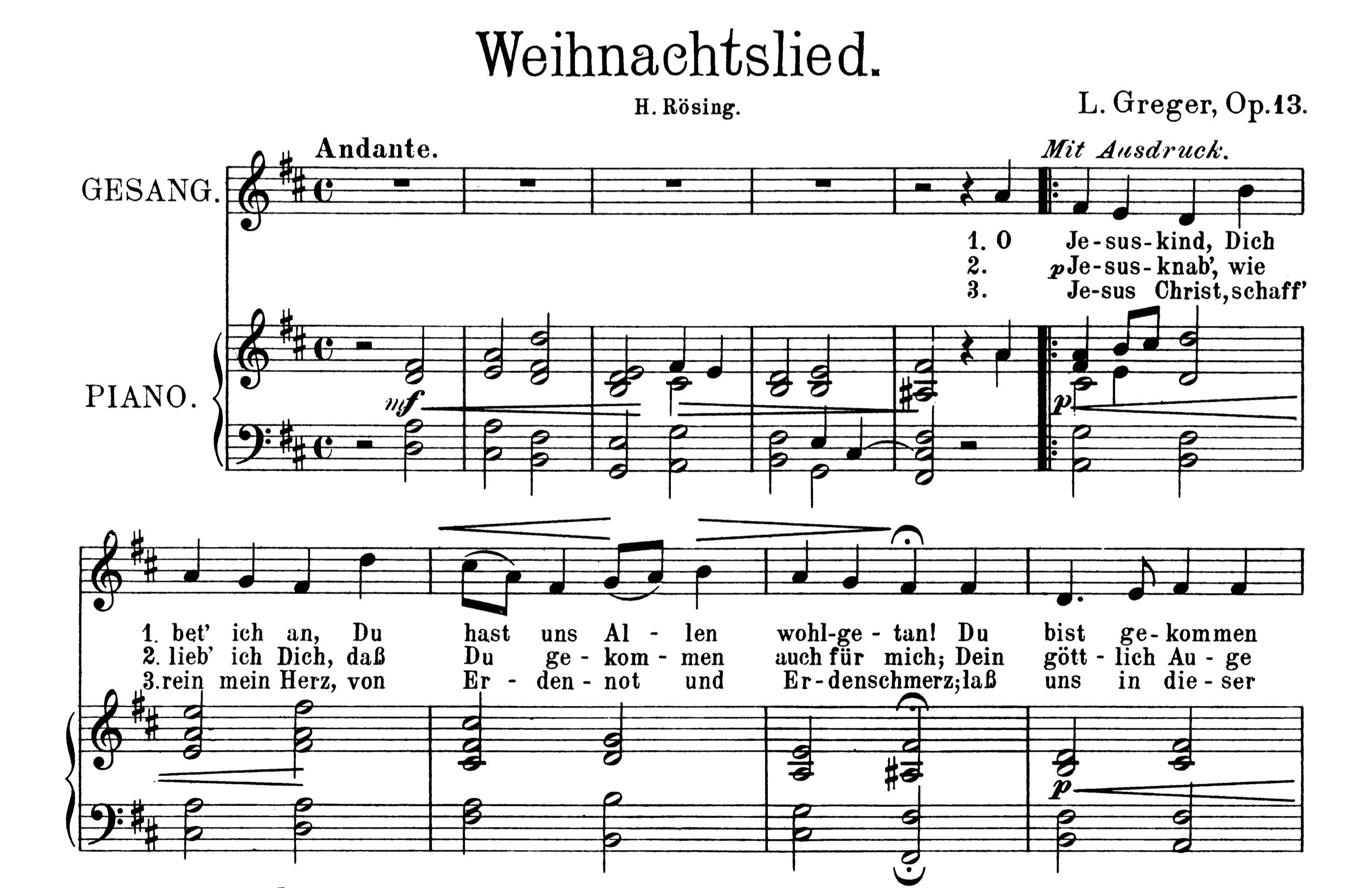 Measures 1 through 10 of the score of `Weihnachtslied` by Luise Greger. The piece is written for voice and piano, and the staff notation includes notes, lyrics, and expressive symbols for dynamics, slurs and fermatas.