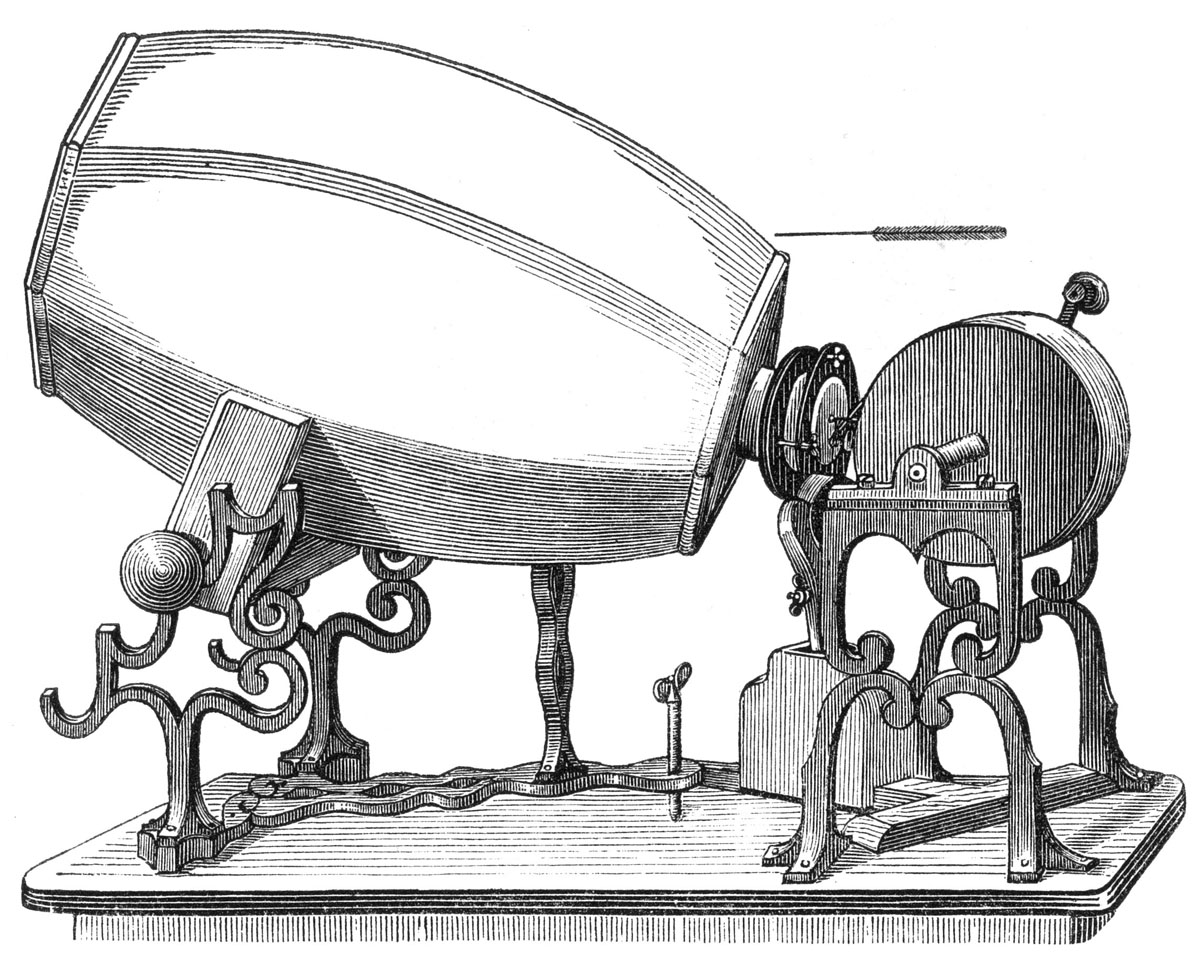 An illustration of a phonautograph. A large object that resembles the drum of a cement mixer is braced above an arm, set horizontally just above the base, holding a vertical stylus which touches the base. A hand crank is connected to the drum in a way that appears to enable the user to rotate the drum.