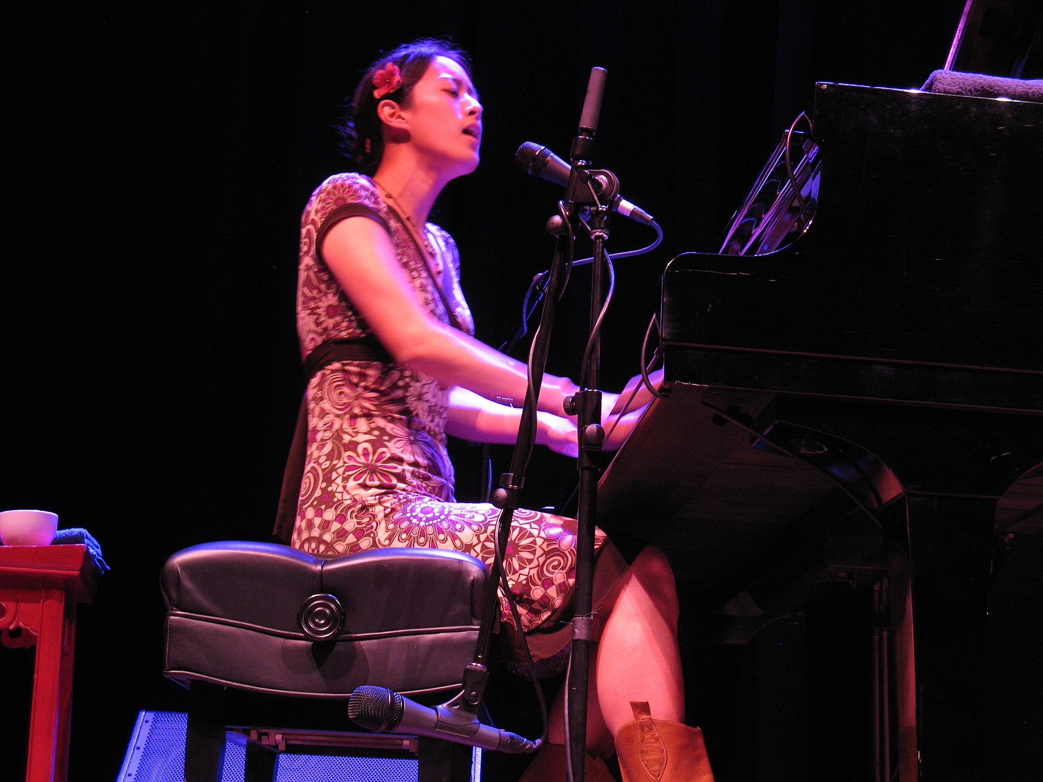 A photograph of Vienna Teng, seated at a grand piano on stage and singing into a microphone.