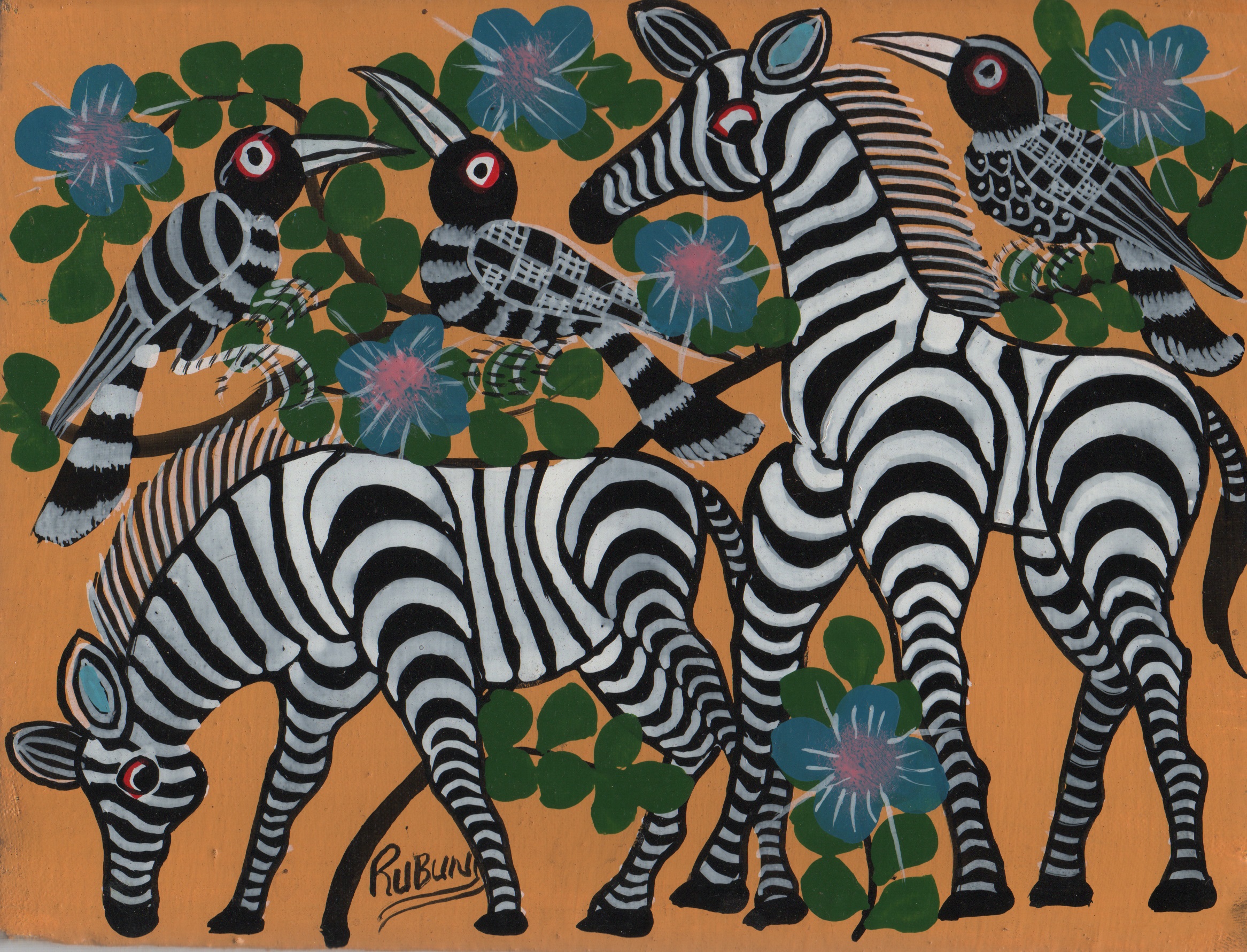 A painting depicting two zebras, three branches and some leafy branches. The colors in the painting are solid and even, with no shading or gradations in color.