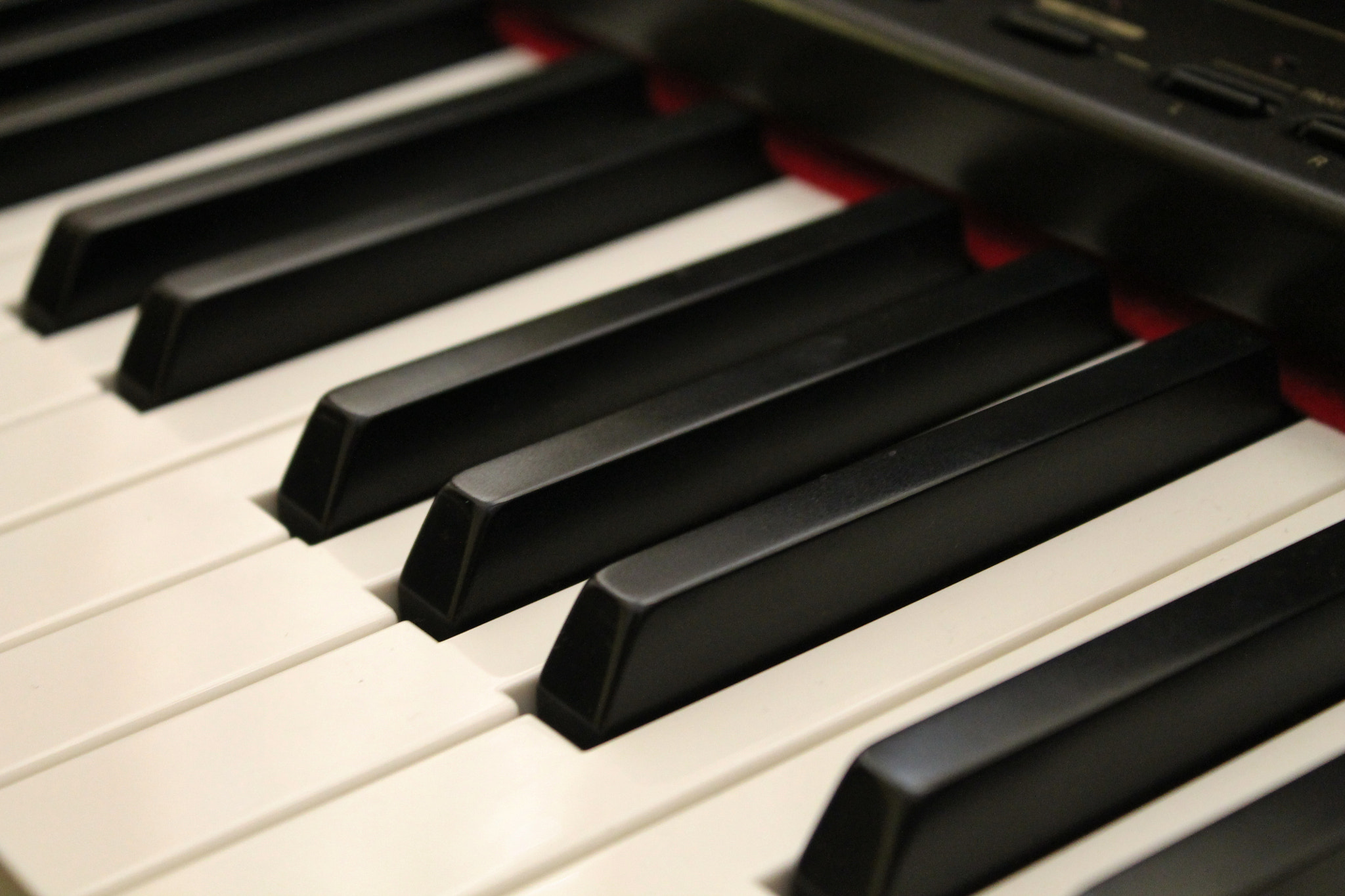 An extreme close-up photograph of a piano keyboard, showing white keys, which extend the full depth of the keyboard, and black keys, situated in groups of two and three, set higher than the white keys and which protrude a little more than halfway from the back of the keyboard.