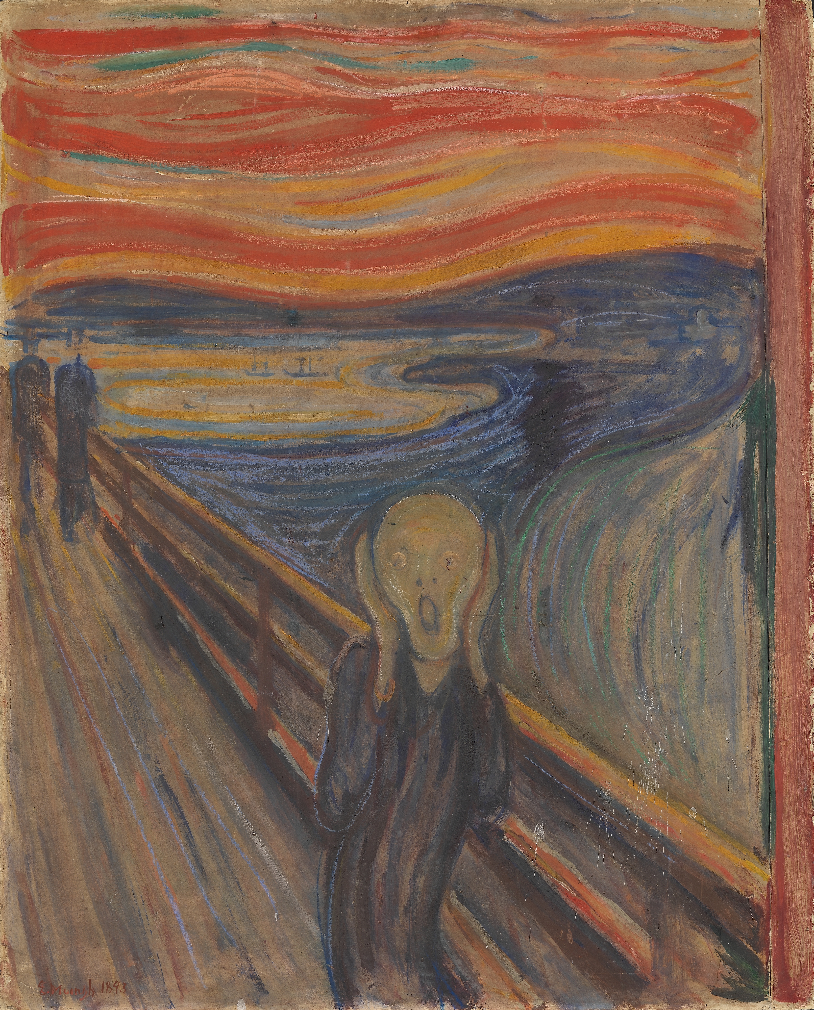 The Scream, by Edvard Munch. Painted in broad, swirling strokes, the painting depicts a figure beside the railing of a pier with its hands on its head, face groteskly mishapen and apparently in extreme distress. In the background, two figures appear to be walking side by side, two ships are faintly visible on the distant sea, and the sky is comprised of large bands of orange and red.