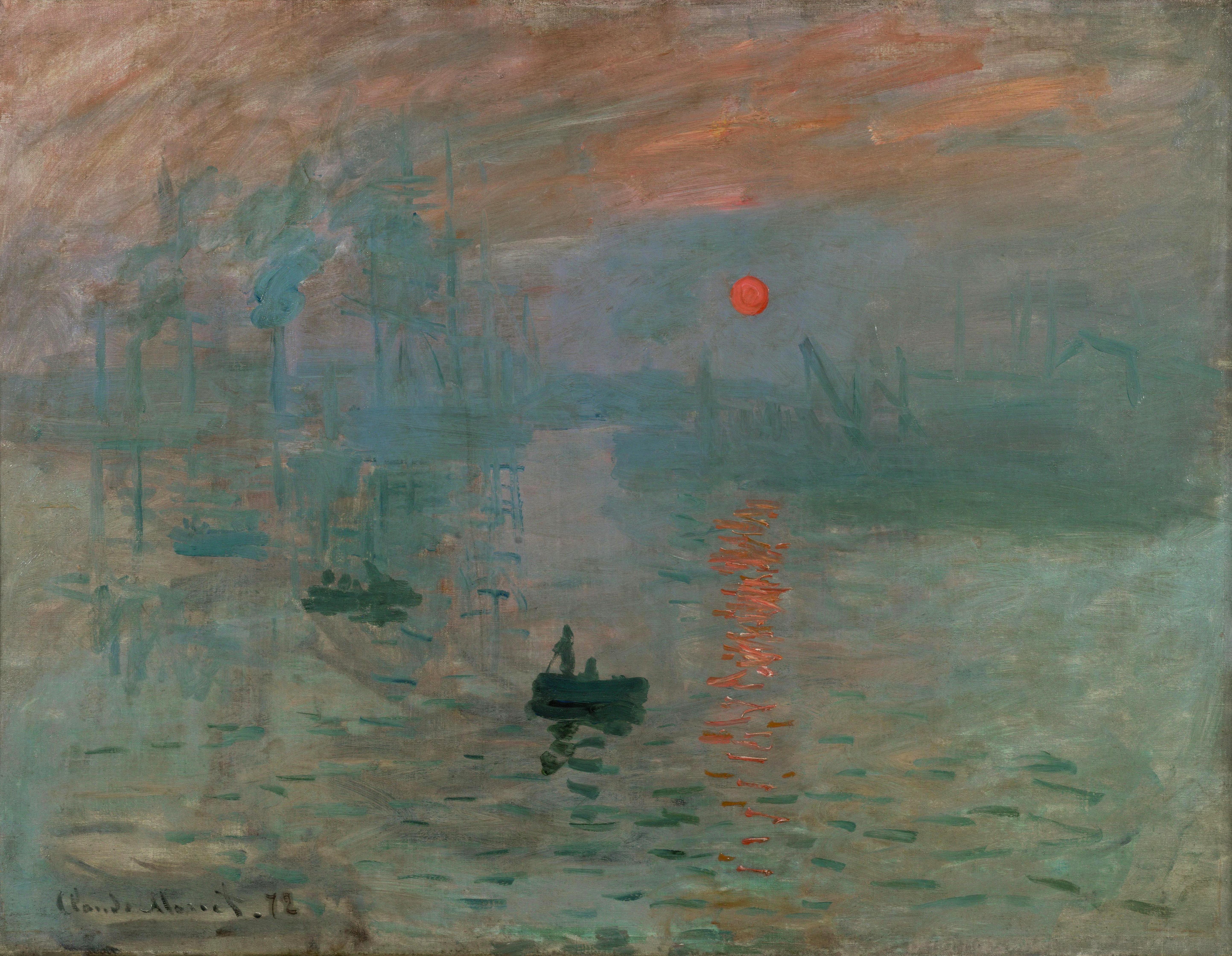 Claude Monet's oil painting “Impression, soleil levant.` The painting is comprised of thick, almost haphazard brush strokes of primarily dull grays and faded yellows. The brush strokes vaguely portray a cloudy, misty view of a bay, with two or three row boats silhouetted in the foreground, the masts of two or three larger ships in the distance on the left, and buildings and cranes in the distance on the right. An orange sun is clearly defined a few degrees above the horizon through the clouds, and orange brush strokes portray its reflection on the water.
