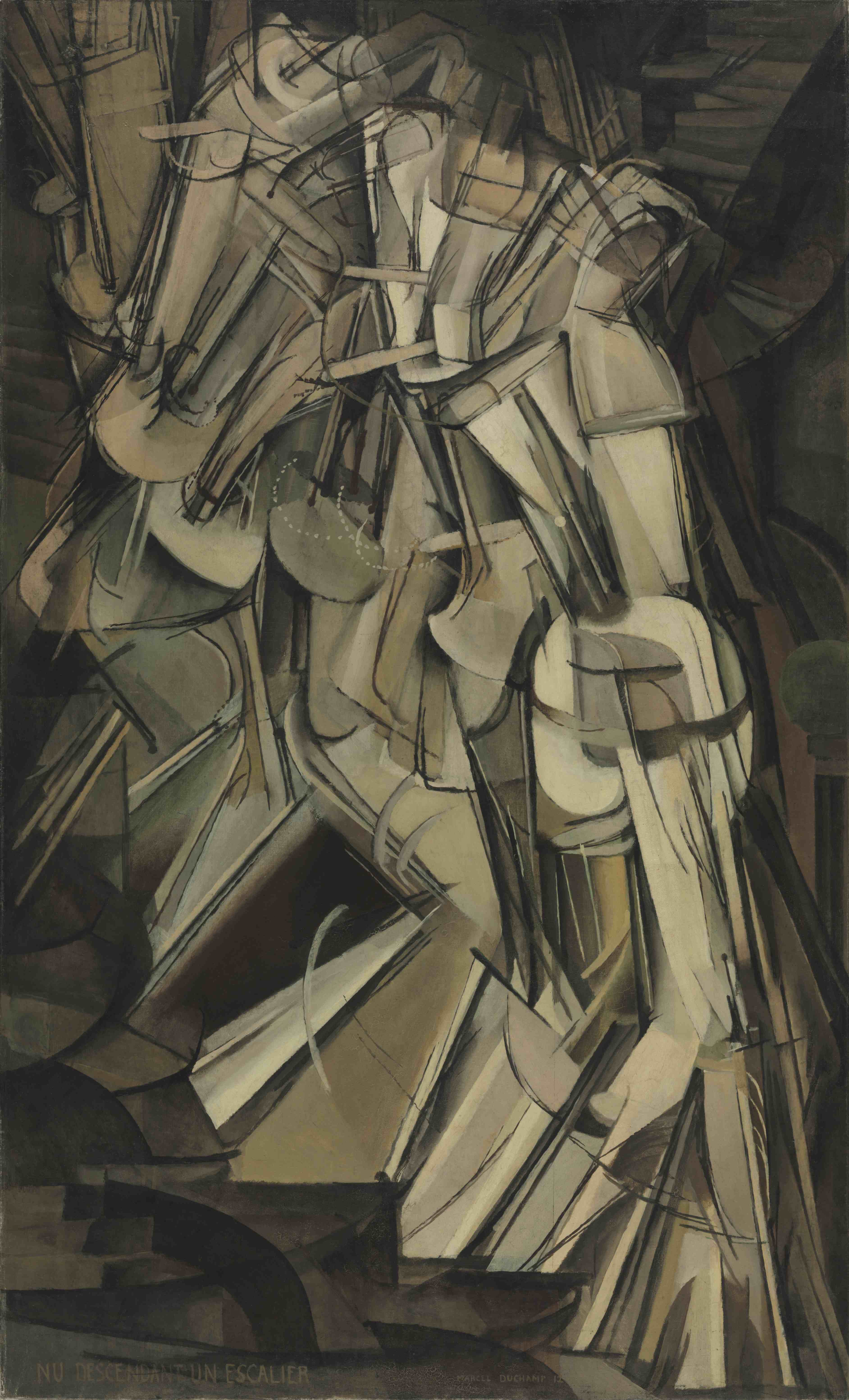 Marcel Duchamp's `Nude Descending a Staircase, No. 3.` The nude figure is presented from the neck down with narrow beige and tan rectangles representing thighs, shins, upper arms and forearms, and a rounded shape representing various her pelvis. The implied motion of the figure is demonstrated by 10-15 roughly-drawn iterations of each shape as it makes the necessary movements for walking down a dark brown staircase, the motion sometimes accentuated with an arc drawn to show the shape's path.