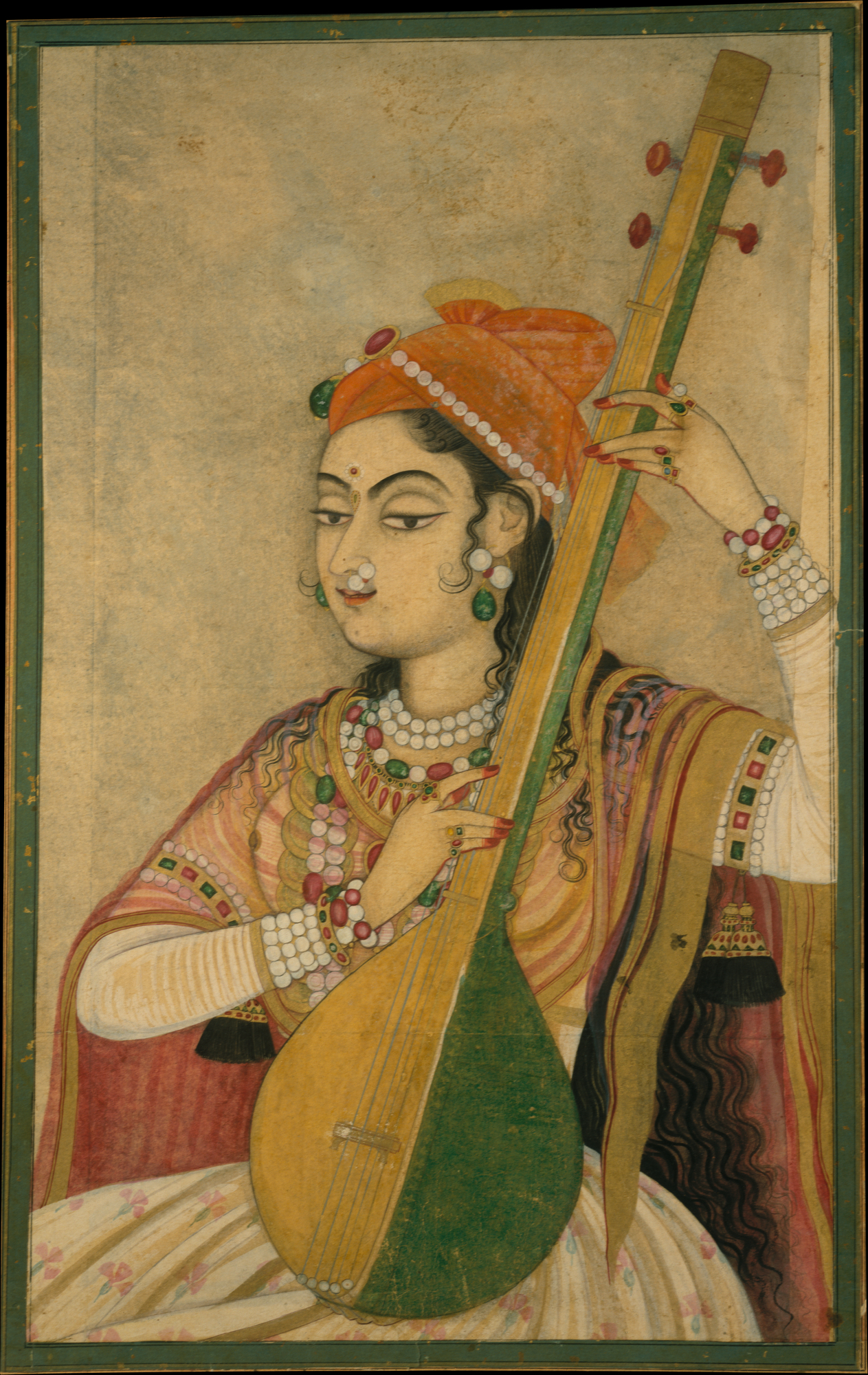 A painting of a seated woman dressed in colorful clothes and jewelry playing a tambura, a long-necked plucked string instrument.